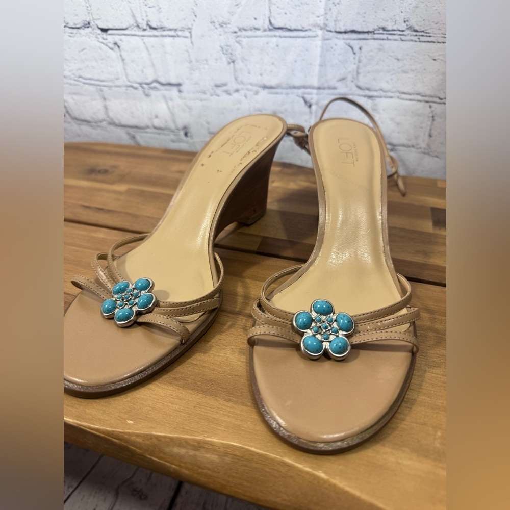 LOFT Tan Wedges with Turquoise Embellishments